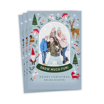 Personalized photo card with woodsy and holiday illustrations above ‘Snow much fun!’