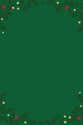 Frame of dark green tree springs with multi-color dots around solid green background