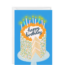 Custom vertical fold card with decorated layered birthday cake with candles on a stand.