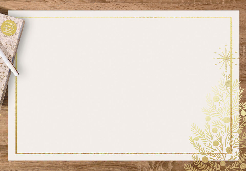 Cream square with gold outline on a wood background.