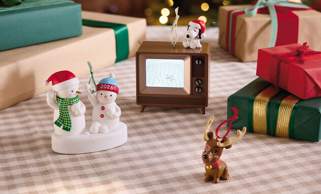 Holiday themed Christmas ornaments on a table and surrounded by gifts.