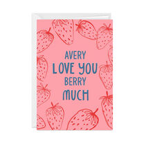 Custom vertical fold card with a border of illustrated strawberries in red on a pink background with a sweet sentiment in blue lettering