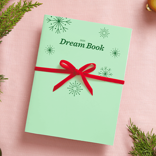 2025 Dream Book wrapped in green paper and a red bow.