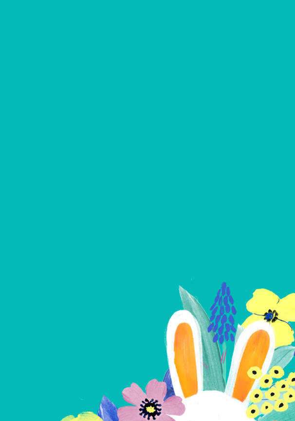 Teal background with flowers and bunny ears at the bottom.