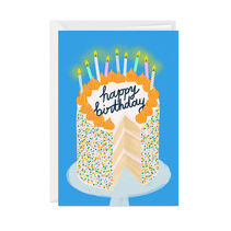 Custom vertical fold card with decorated layered birthday cake with candles on a stand.
