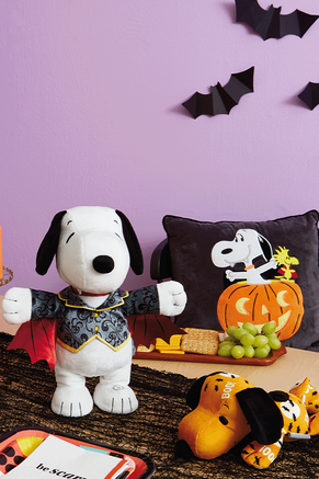 Halloween Snoopy stuffed animals and decor.