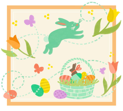 Illustrated green rabbit among flowers and above and Easter basket filled with Easter eggs.