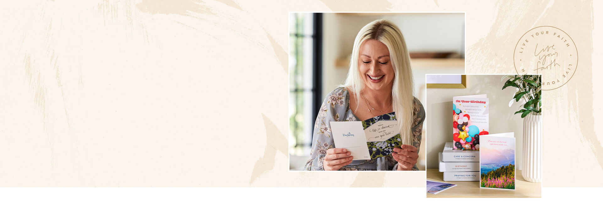 Snapshots of a woman smiling at a card and a stack of boxed greeting cards.