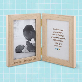 Hinged, two-photo frame with embroidered phrase about fatherhood on one side