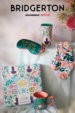 Bridgerton gifts, accessories and decor like a mug, a sleep mask, a cup and more.