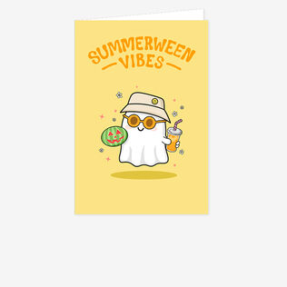 Yellow card featuring a ghost and "Summerween vibes".