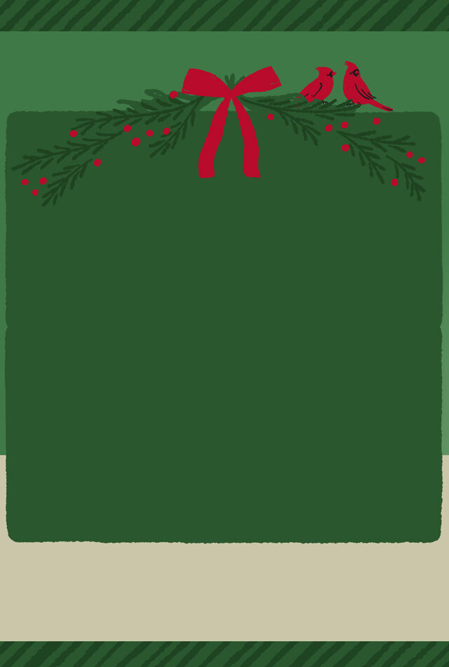 Garland and two cardinals over a green square.
