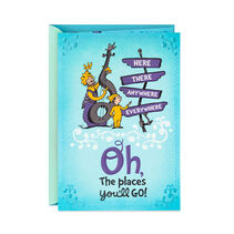 Blue "Oh, the Places Youll Go!" card with glitter, metallic ink, glossy accents and embossing.
