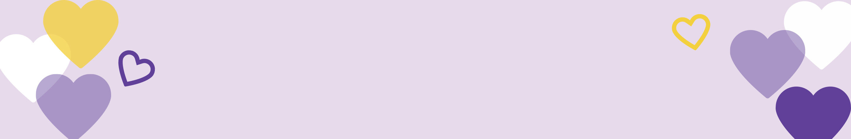 Light purple background with yellow, white and purple hearts