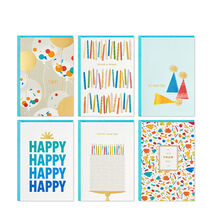 Six “Happy Birthday” themed cards with corresponding envelopes in a grid