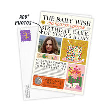 Colorful newspaper print card with celebratory headlines and space for a photo of the birthday celebrant