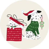Illustrated cat in a gift box with a dog in a sweater holding an ornament. 
