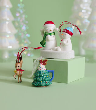 Reindeer, Christmas tree mug, and Snowman ornaments on a mint green background.
