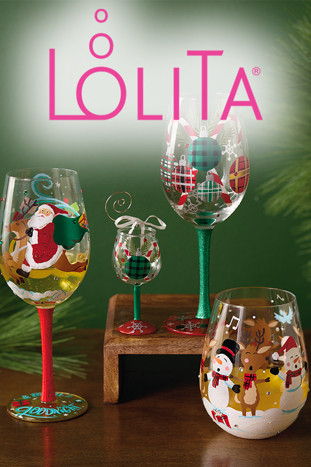 2 Lolita wine glasses, a stemless Lolita wine glass and a Lolita wine glass ornament on a table.