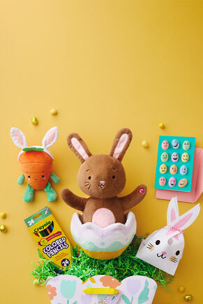 Array of Easter gifts include a plush carrot wearing bunny ears, a bunny in an egg, colored pencils, Easter greeting card and small bag with a bunny face.
