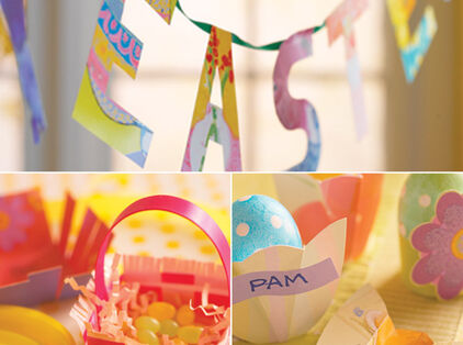 Easter DIY banner, party decorations and place cards.