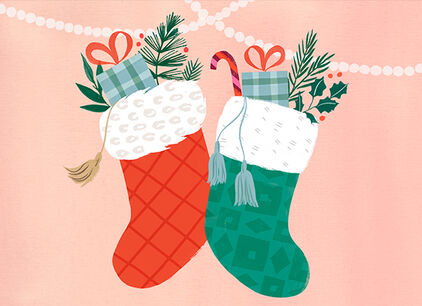 Illustrated stockings stuffed with gifts and holiday greenery.