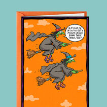 Cartoon illustration of two witches riding brooms. One speech bubble asks: Is it just me, or do you get a massive wedgie riding these things too?