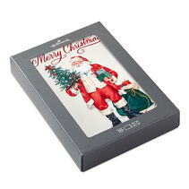 Box of greeting cards with vintage Santa Claus in his classic red suit and buttoned vest carrying a small tree and wrapped gifts