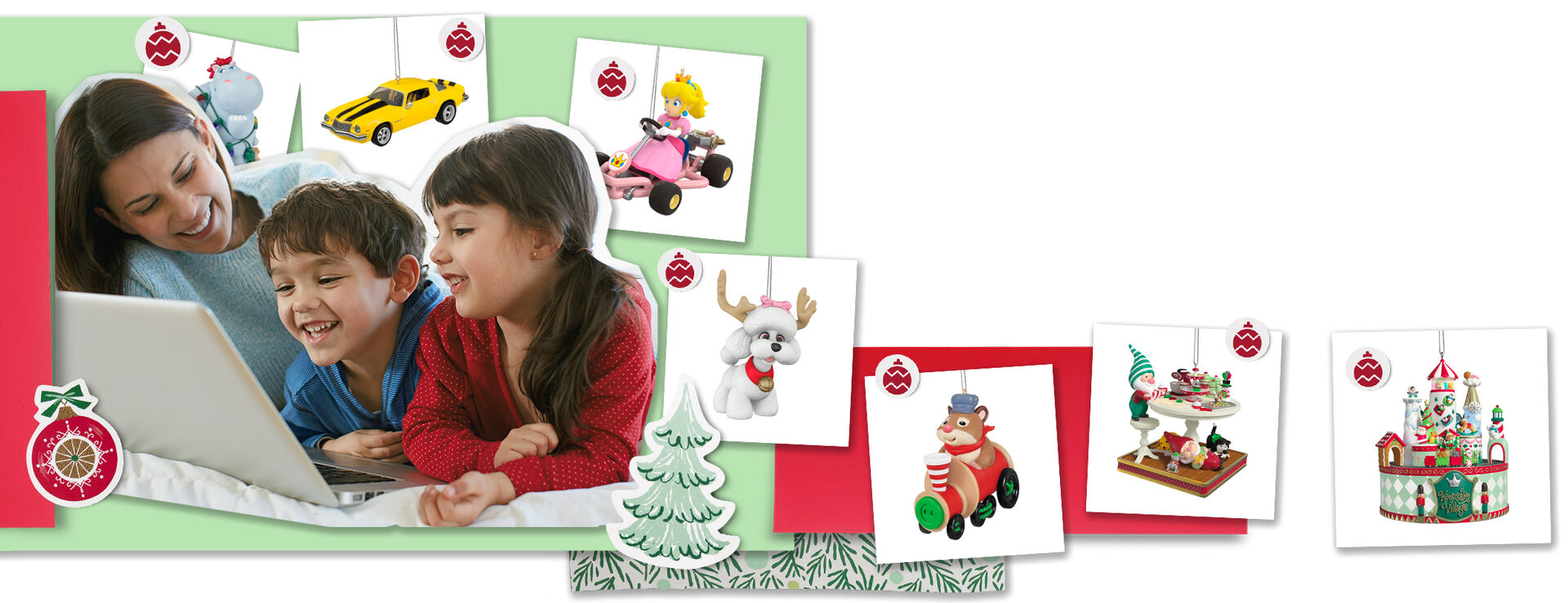 Mom and children looking at a laptop with ornaments collaged in the background.