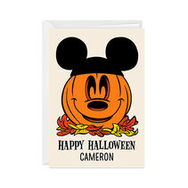 Custom vertical fold card with smiling Mickey Mouse jack-o-lantern on fall leaves. Happy Halloween