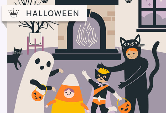 Illustration of a two adults and two kids in costume in a living room