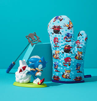 assorted Sonic the hedgehog products, including an oven mitt, a grilling tool, and a figurine