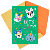 Green card with illustrated dogs with party accessories and Let's party!' in silver.