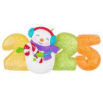 2025 ornament with a snowman holding a candy cane for the zero.