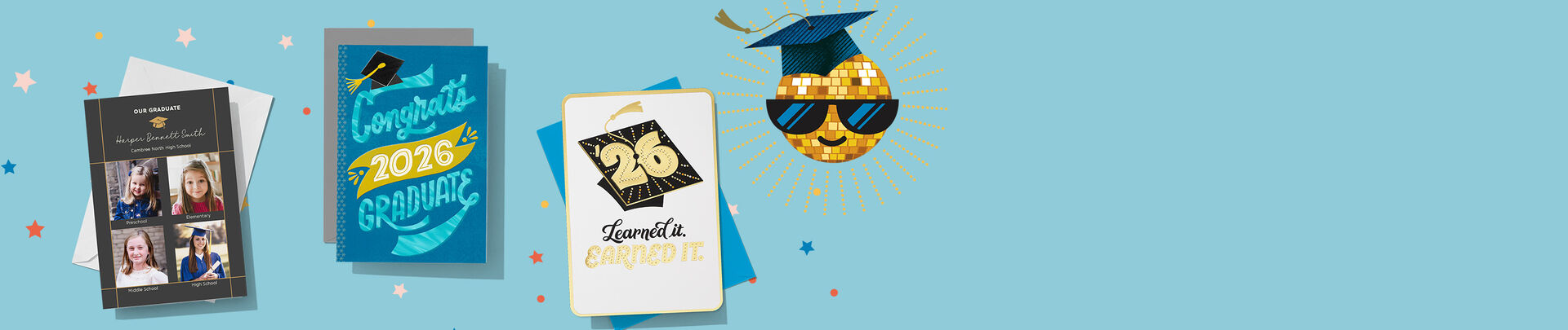 Three graduation cards on a blue background.