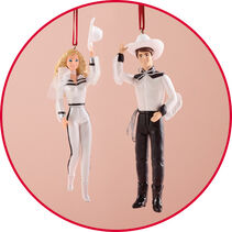 Cowgirl Barbie and cowboy Ken ornaments