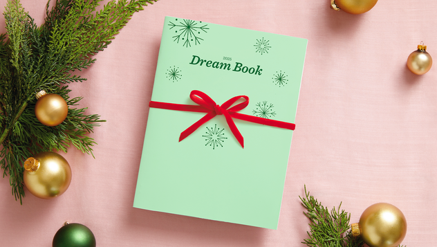 2025 Dream Book wrapped in green paper and a red bow.