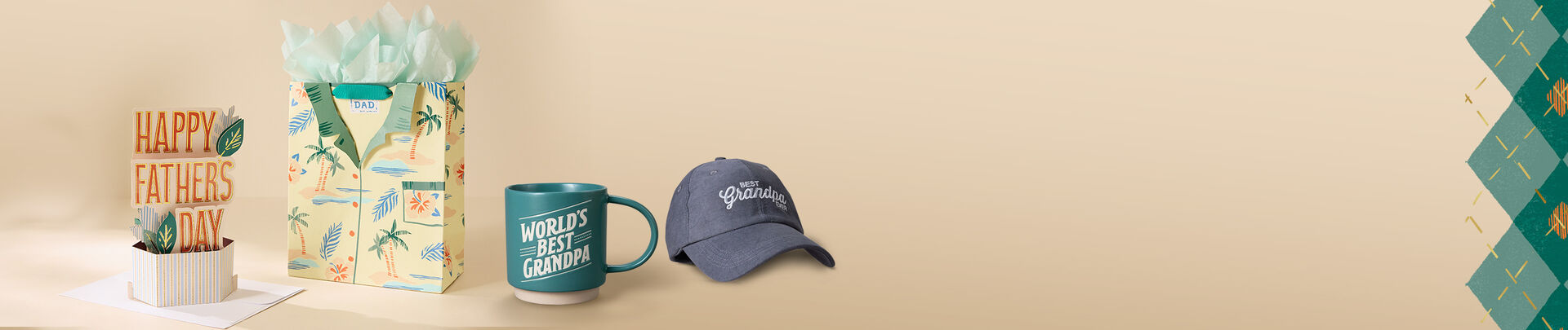 Fathers Day gift bag, pop-up card, mug and baseball cap. 