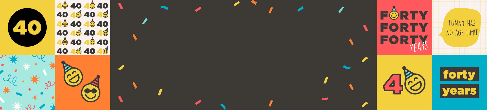 Gray background with colorful confetti and icons of 40 and celebration