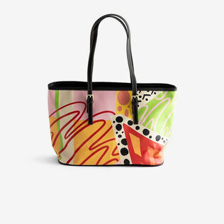 Tote with colorful, graphic pattern.