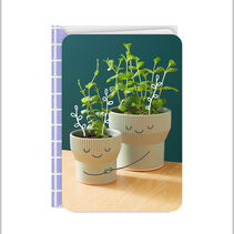 Card with photo illustration of big and little potted plant characters with doodled smiley faces, hands and leaves.