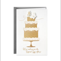 Wedding card with shiny gold foil cake, embossed swirls and 3D die-cut butterflies.