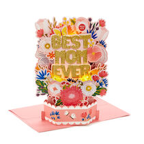 Pink pop-up card with flowers and ‘Best Mom Ever’ and pink envelope.