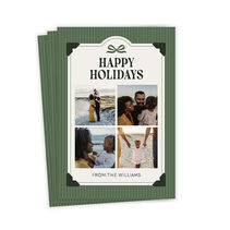 Flat card with scrapbook-style arrangement of four photos and a holiday sentiment accented with a bow and decorative photo corners, and layered on a green striped background.