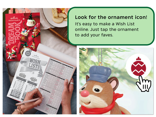 Quick start a Wish List online by tapping the ornament icon.