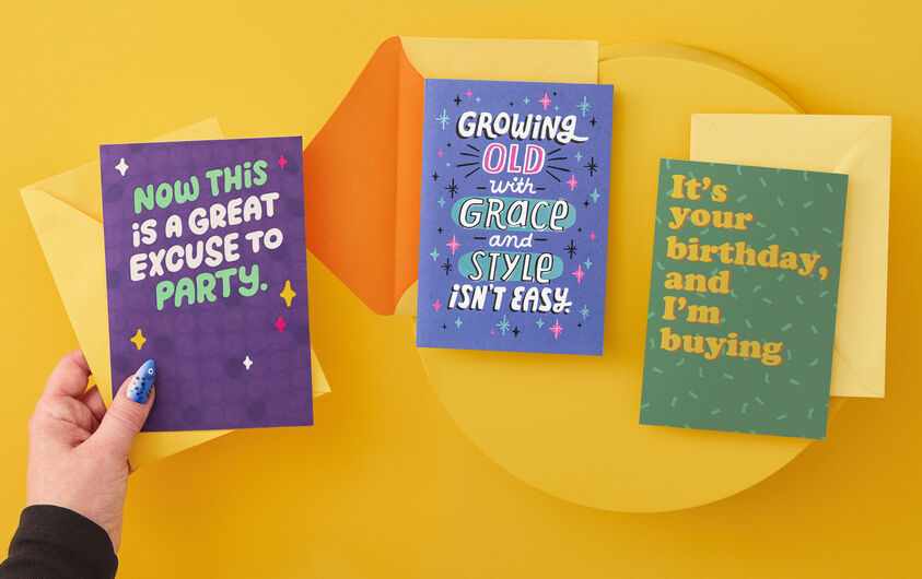 3 Shoebox greeting cards on yellow background