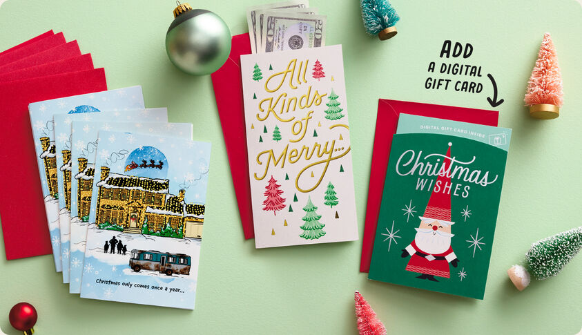 Boxed card set, money card, and digital gift card Christmas card on a mint green background