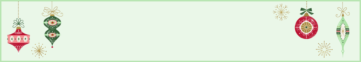 Illustrated vintage green and red ornaments hanging on green background.