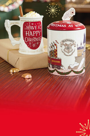 Harry Potter themed cookie tin and beer stein.