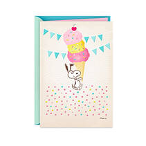 Card front Snoopy with giant ice cream cone with confetti